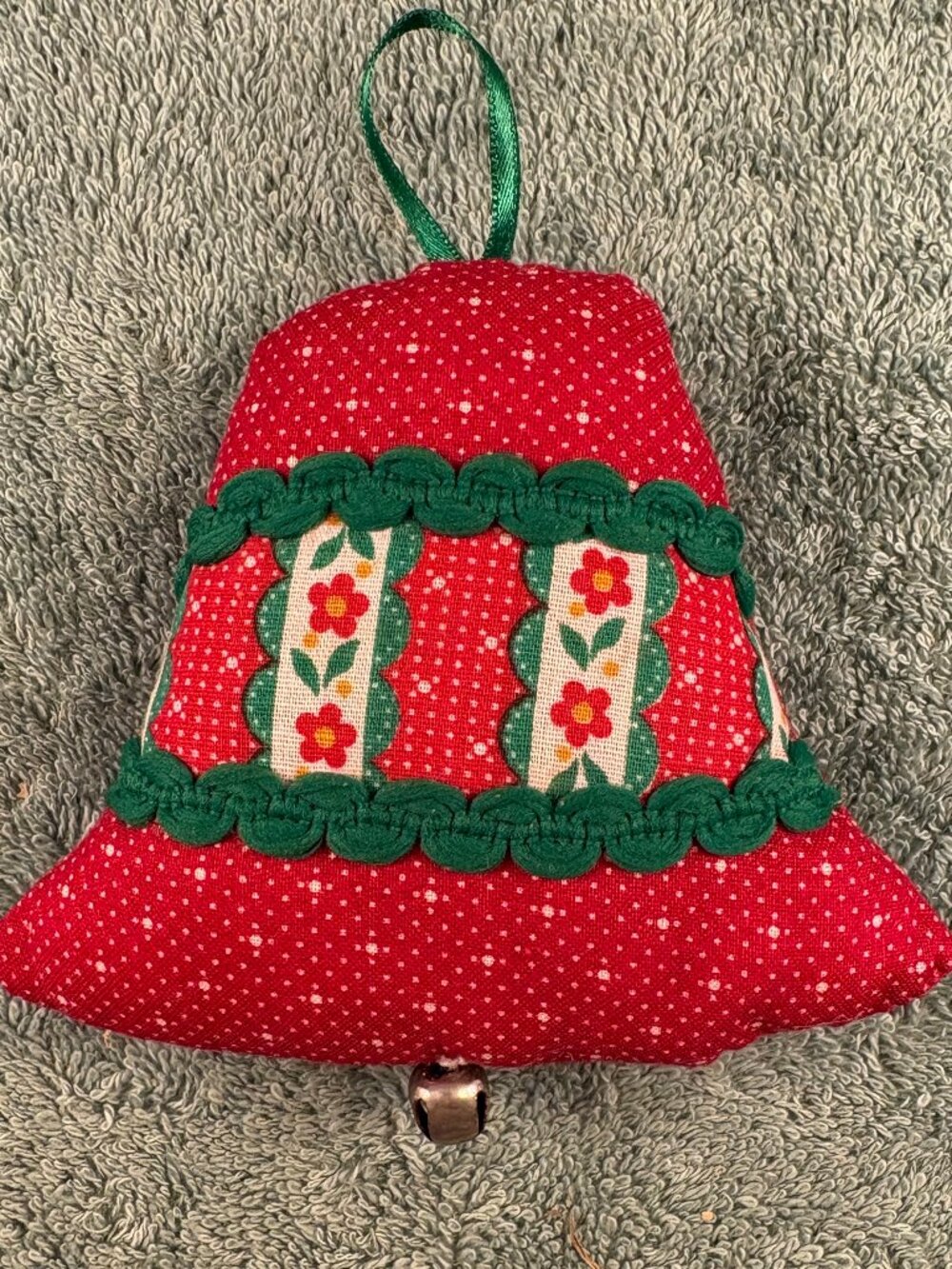 Vintage 1970s Stuffed Fabric Bell Ornament Red Calico Floral Trim Jingle Bell